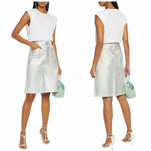 HELMUT LANG Iridescent Coated-denim High Waist Tailored Hip Silver Skirt